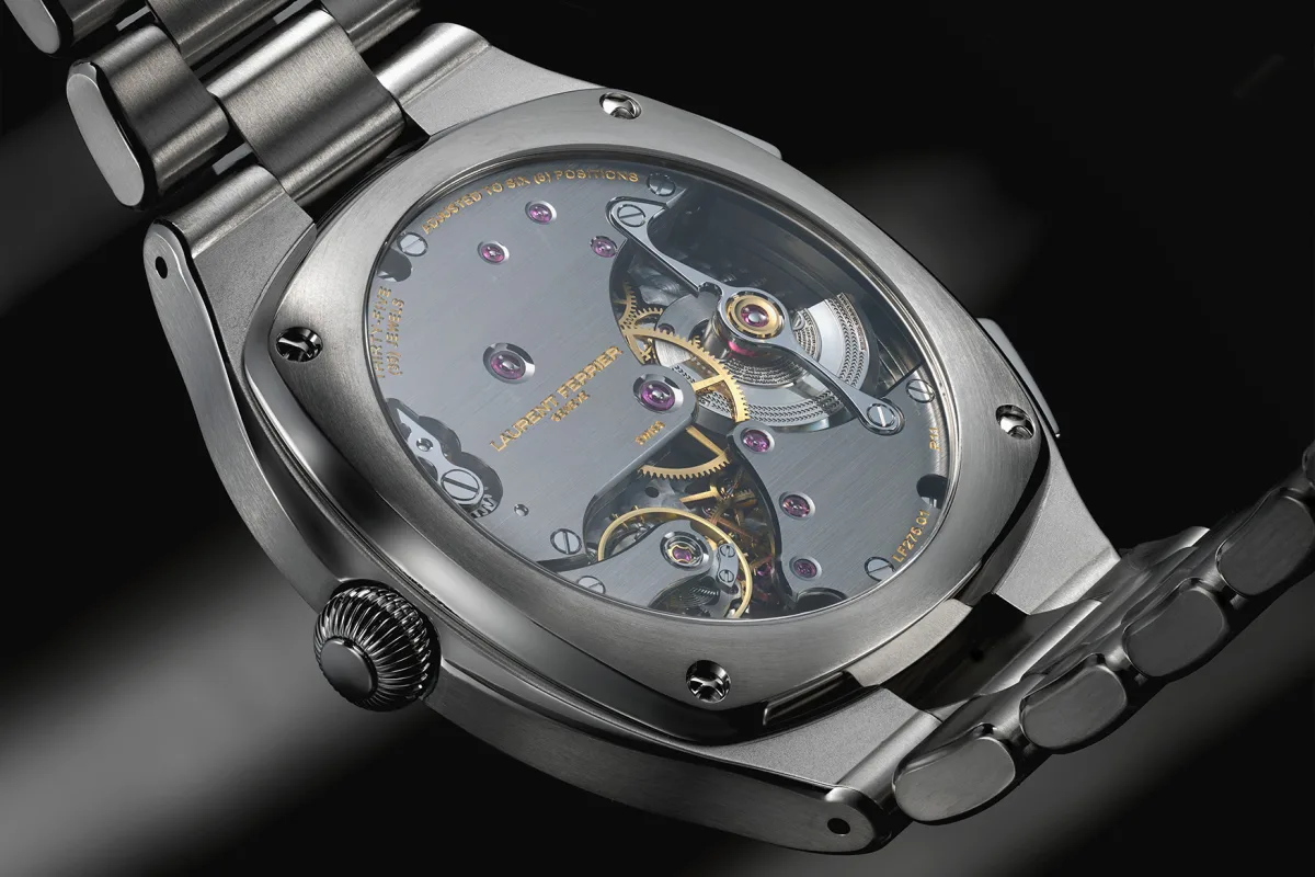 View of Laurent Ferrier LF275.01 movement through sapphire case back
