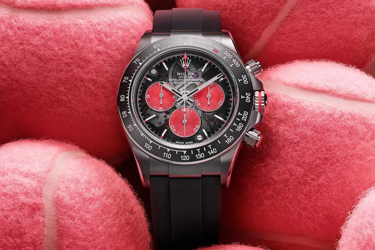 Close-up of the customized Rolex Daytona's titanium case