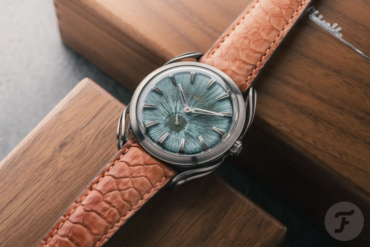 Close-up of Holthinrichs Lab Series watch with copper oxide patina dial