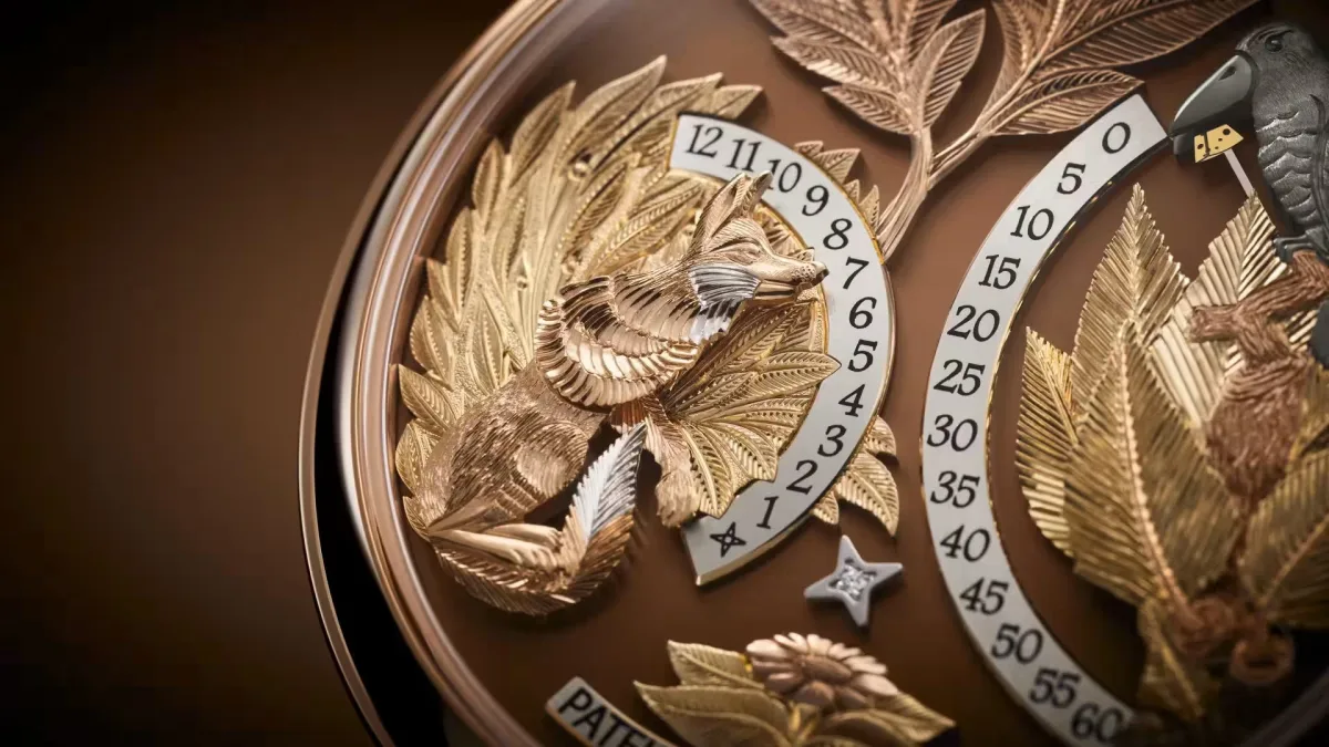 Close-up of Patek Philippe 5249R-001 dial with fable scene