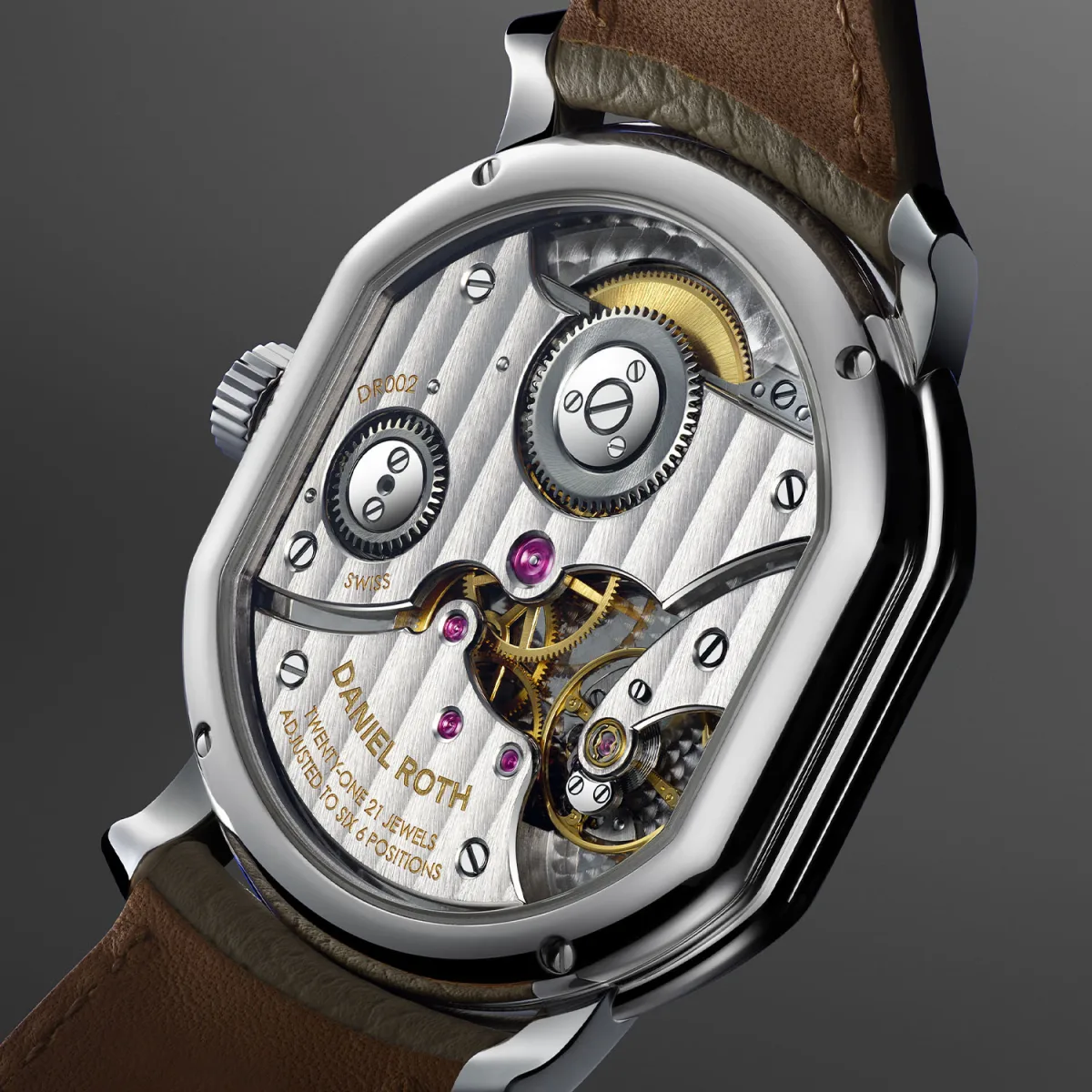 DR002 caliber visible through the case back of Daniel Roth watch
