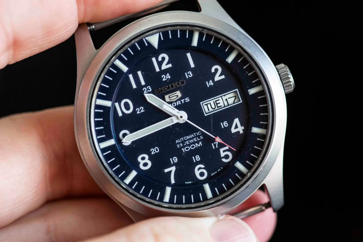 CWC GS Sapphire Watch with black dial and clear numerals.