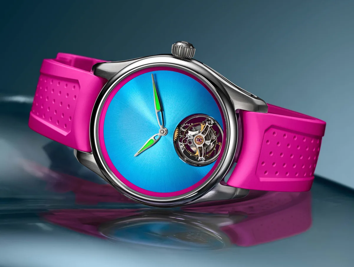 H. Moser & Cie. Pioneer Tourbillon Miami with neon blue dial and fuchsia strap
