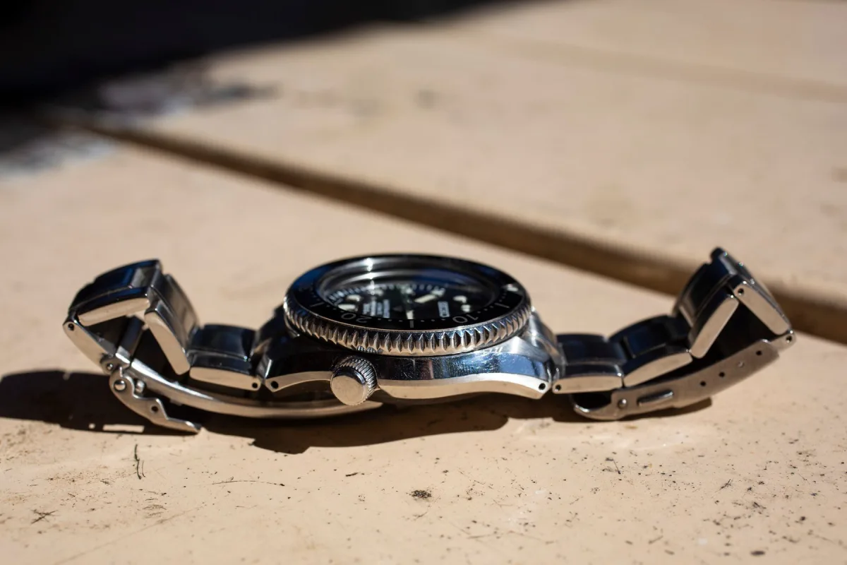 Close-up of Seiko Marinemaster SBDX001 case and bezel