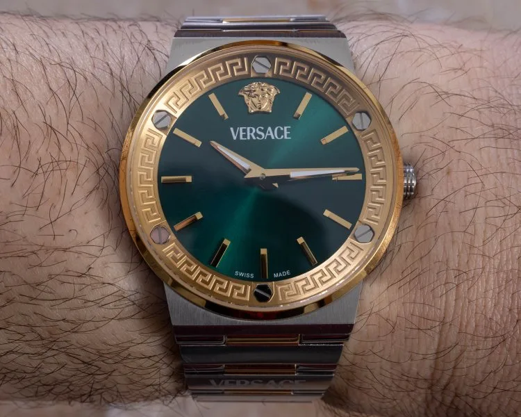 Two-tone Versace Greca Logo Aero watch with green dial