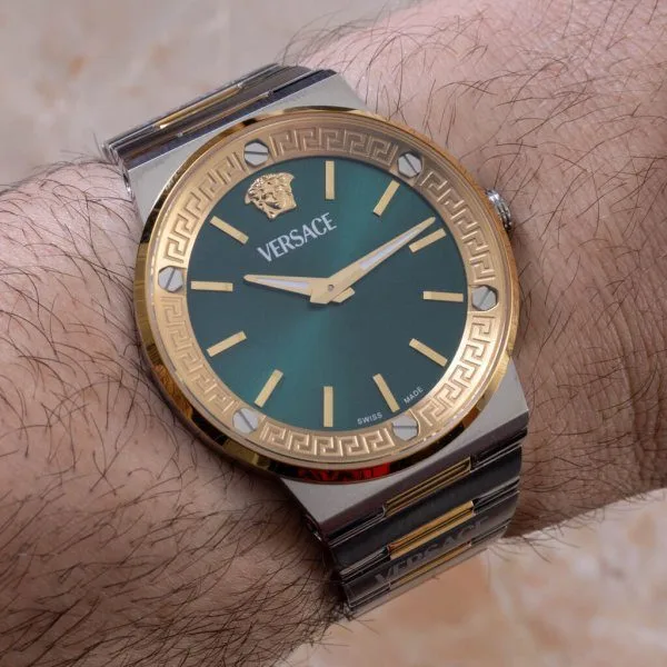 Detail of Versace Greca Logo Aero bezel and dial