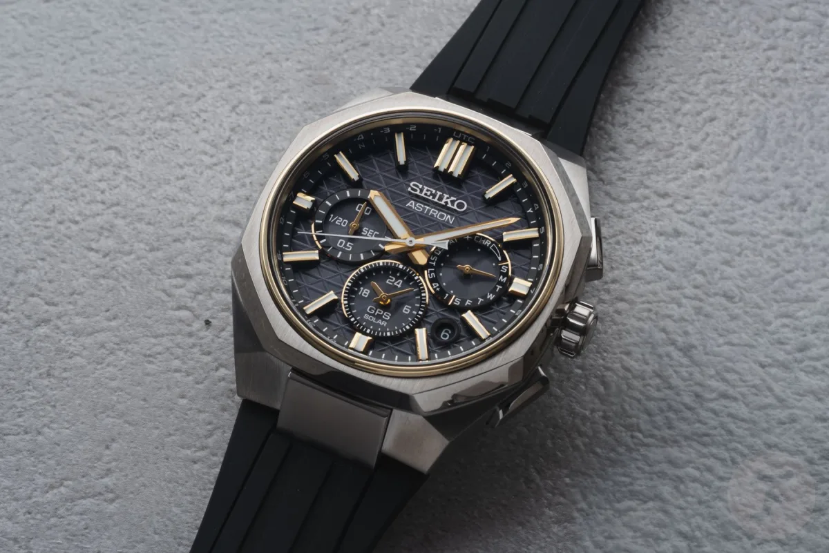 Seiko Astron GPS Solar Dual-Time sub-dials with concentric texture