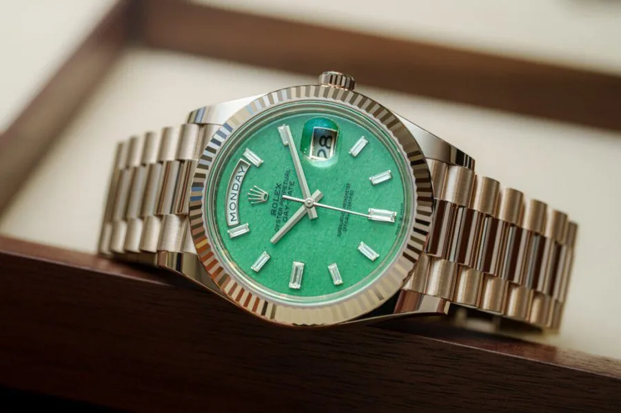 Rolex Day-Date 40 Jubilee gold watch with diamonds and green aventurine dial