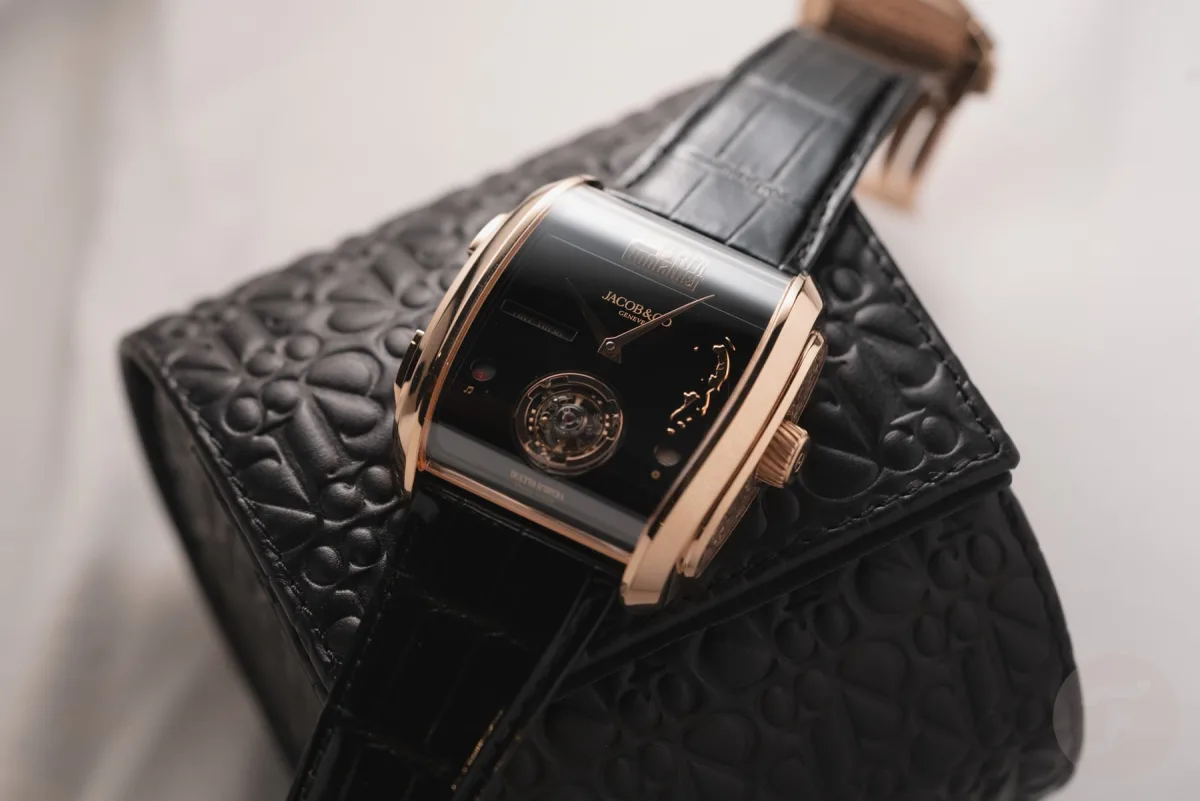 Curved rectangular rose gold case of The Godfather II watch