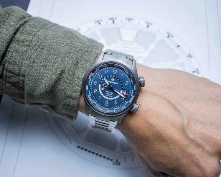 Close-up of Bremont Altitude MB Meteor Time Zones dial