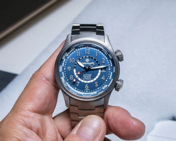Close-up view of Bremont's world time feature