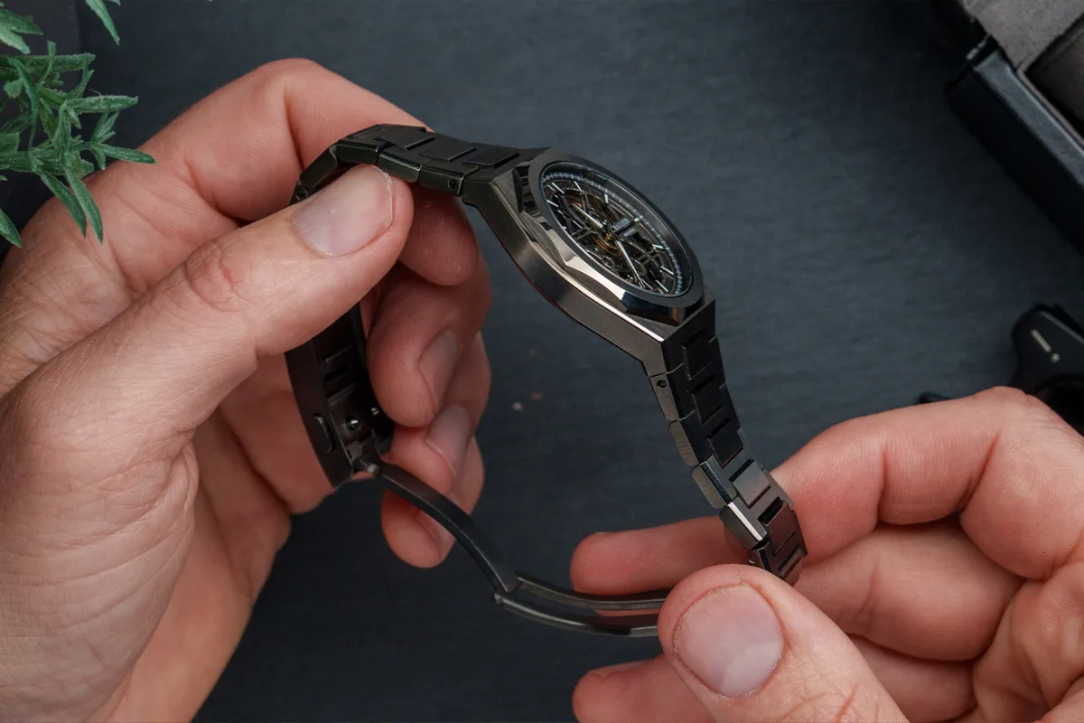 BA111OD Chapter 7 Skeleton watch face close-up