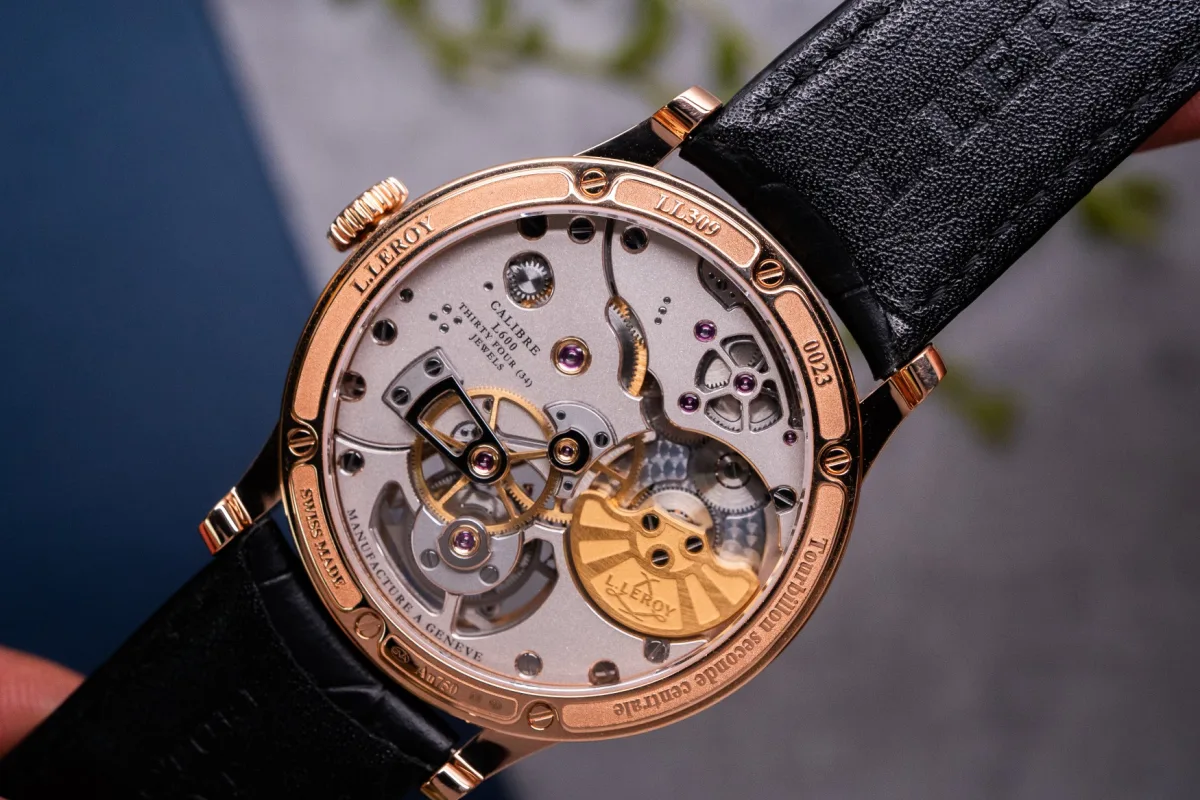 Close-up of L. Leroy Osmior Elyor micro-rotor movement