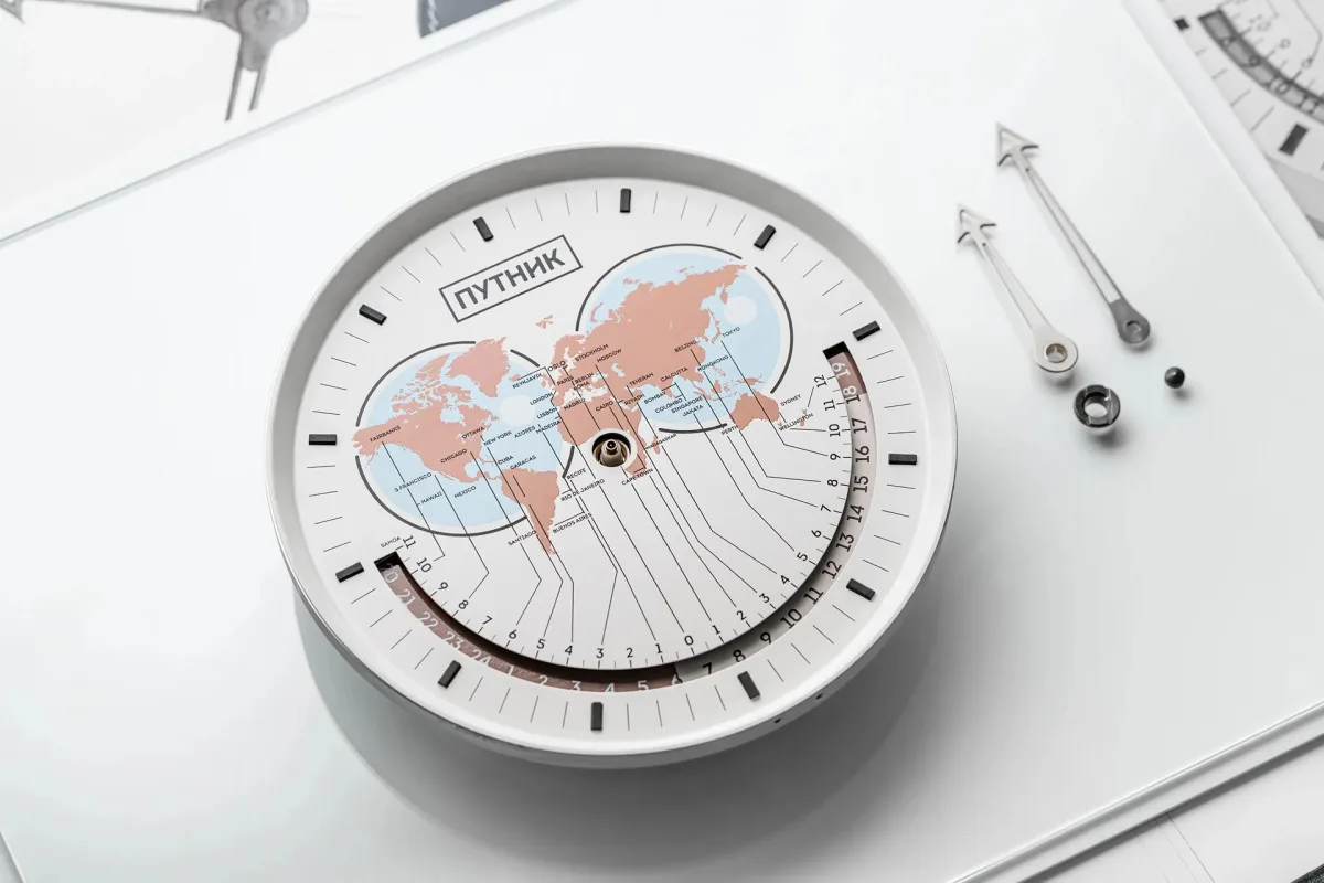 Back view of the 'Traveller' clock showing adjustment mechanisms