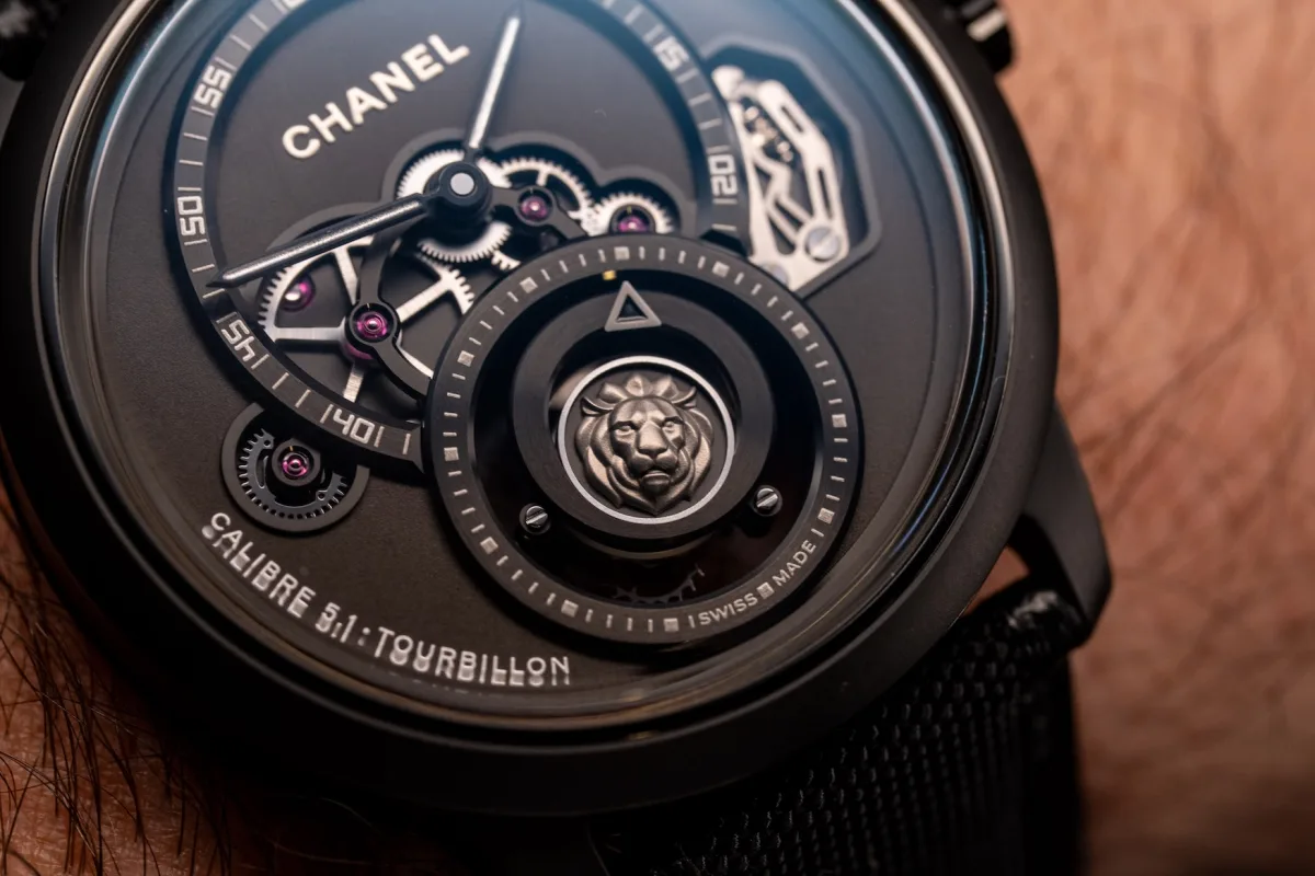 Close-up of the flying tourbillon on the Chanel Monsieur Lion