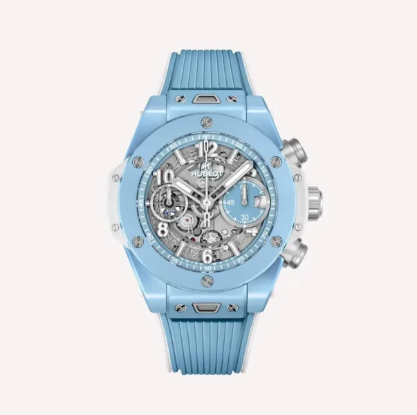 Hublot Big Bang Unico Gold Sky Blue watch with carbon fiber and Texalium case