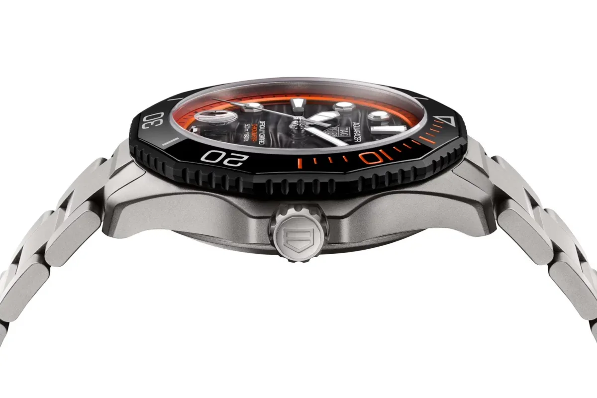 Side view showing the titanium case and bracelet