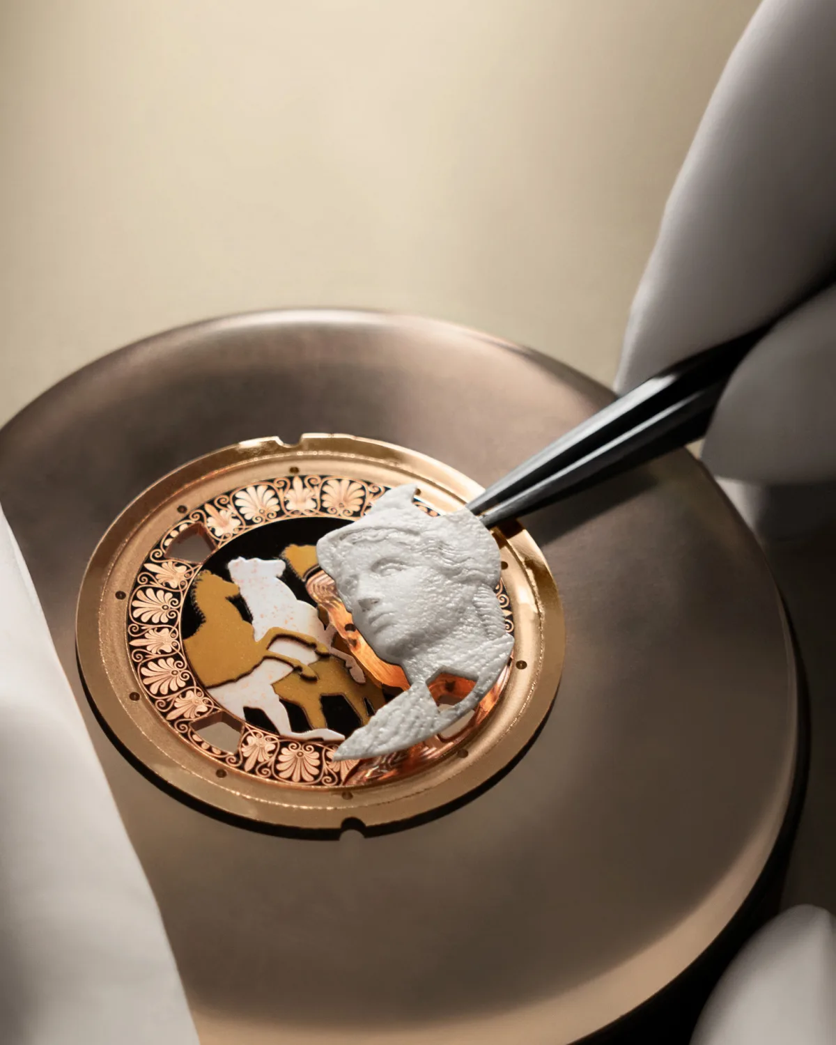 Stone inlay center on Vacheron Constantin watch inspired by Greek amphora