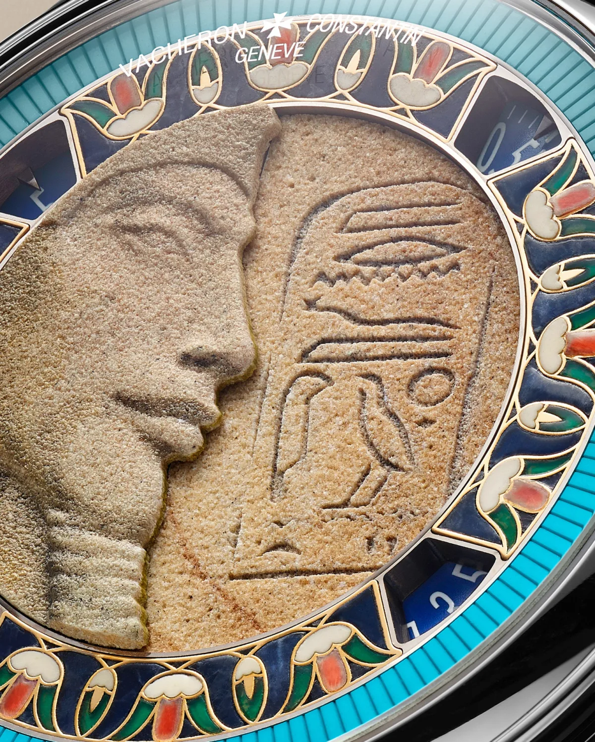 Sandstone reproduction of Pharaoh Akhenaten's bust on Vacheron Constantin watch