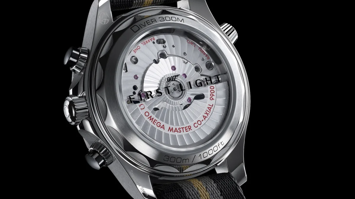 Close-up of Omega Seamaster Diver 300M Chronograph 007 First Light dial