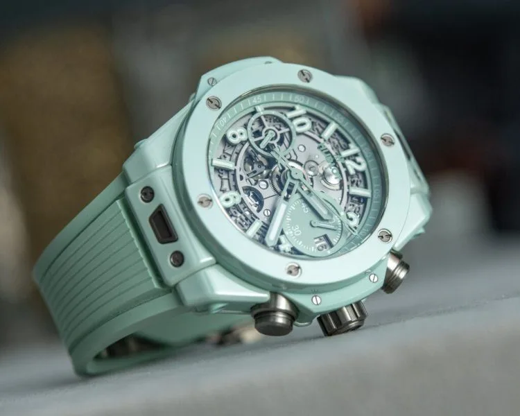 Hublot Big Bang UNICO Mint Green Ceramic Chronograph on display