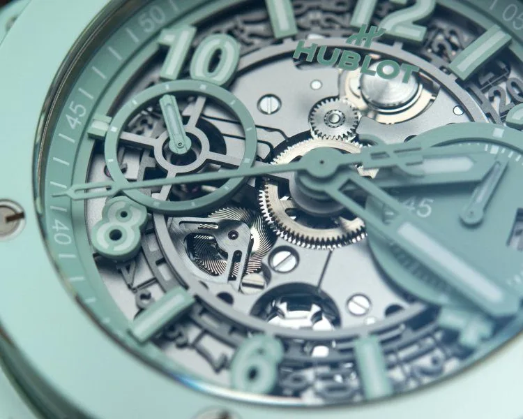 Close-up of Hublot Big Bang UNICO Mint Green Ceramic Chronograph dial