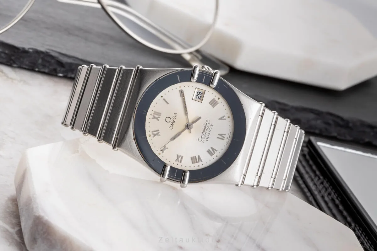 Close-up of Omega Constellation Manhattan with sapphire glass
