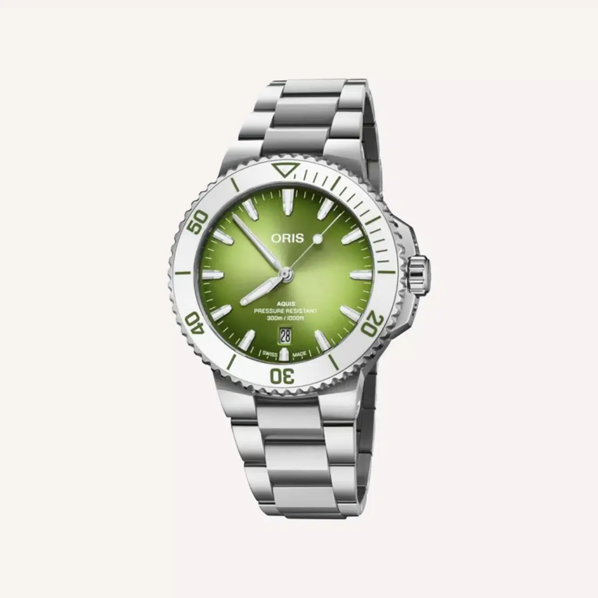 Oris Aquis Date with green dial and steel bracelet