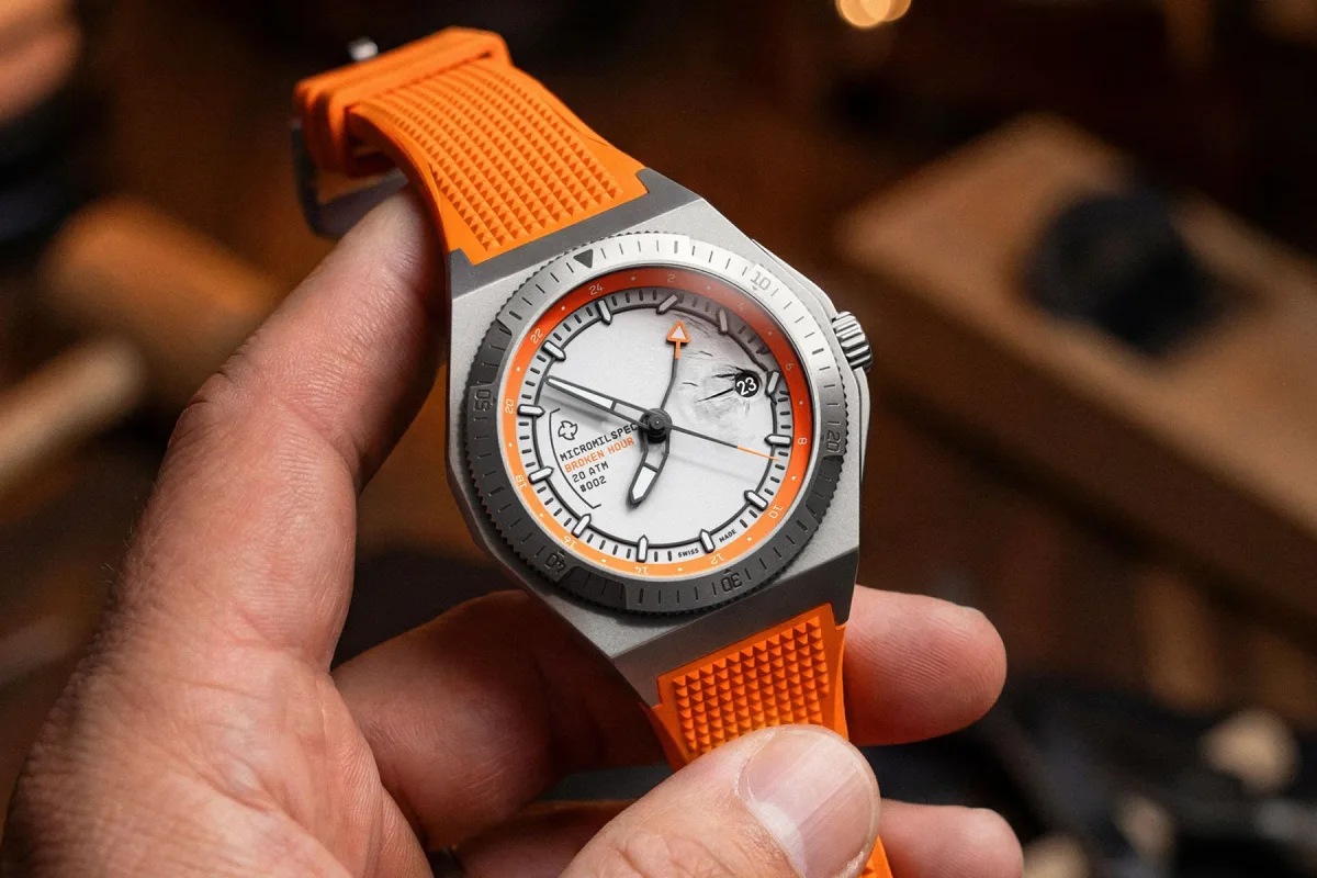 Micromilspec Broken Hour watch with orange accents