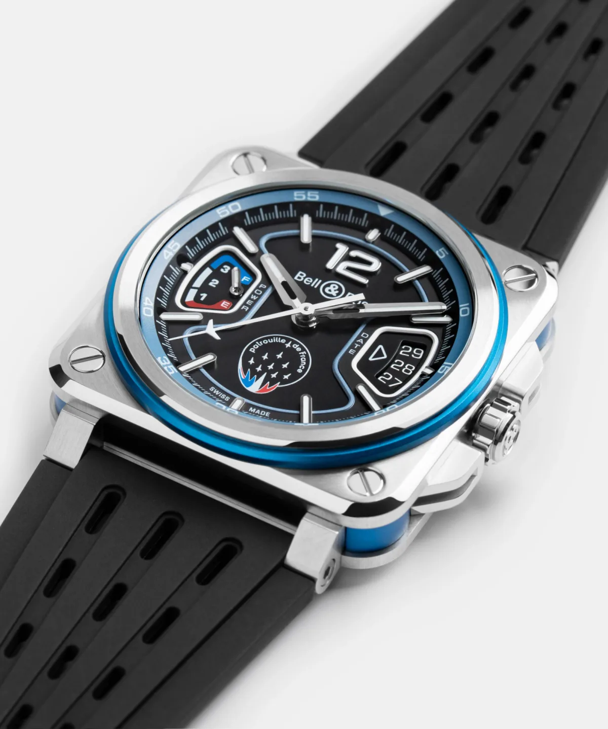 Side view of Bell & Ross BR-X3 with blue anodized bezel