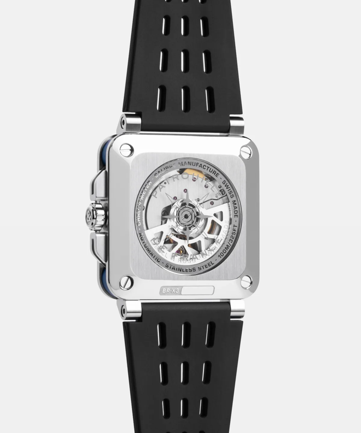 Sapphire case back of Bell & Ross BR-X3 showing movement