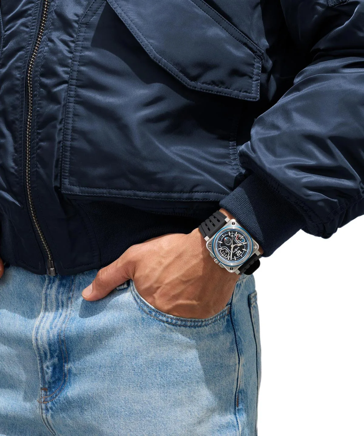 BR-X3 watch on black rubber and blue fabric straps