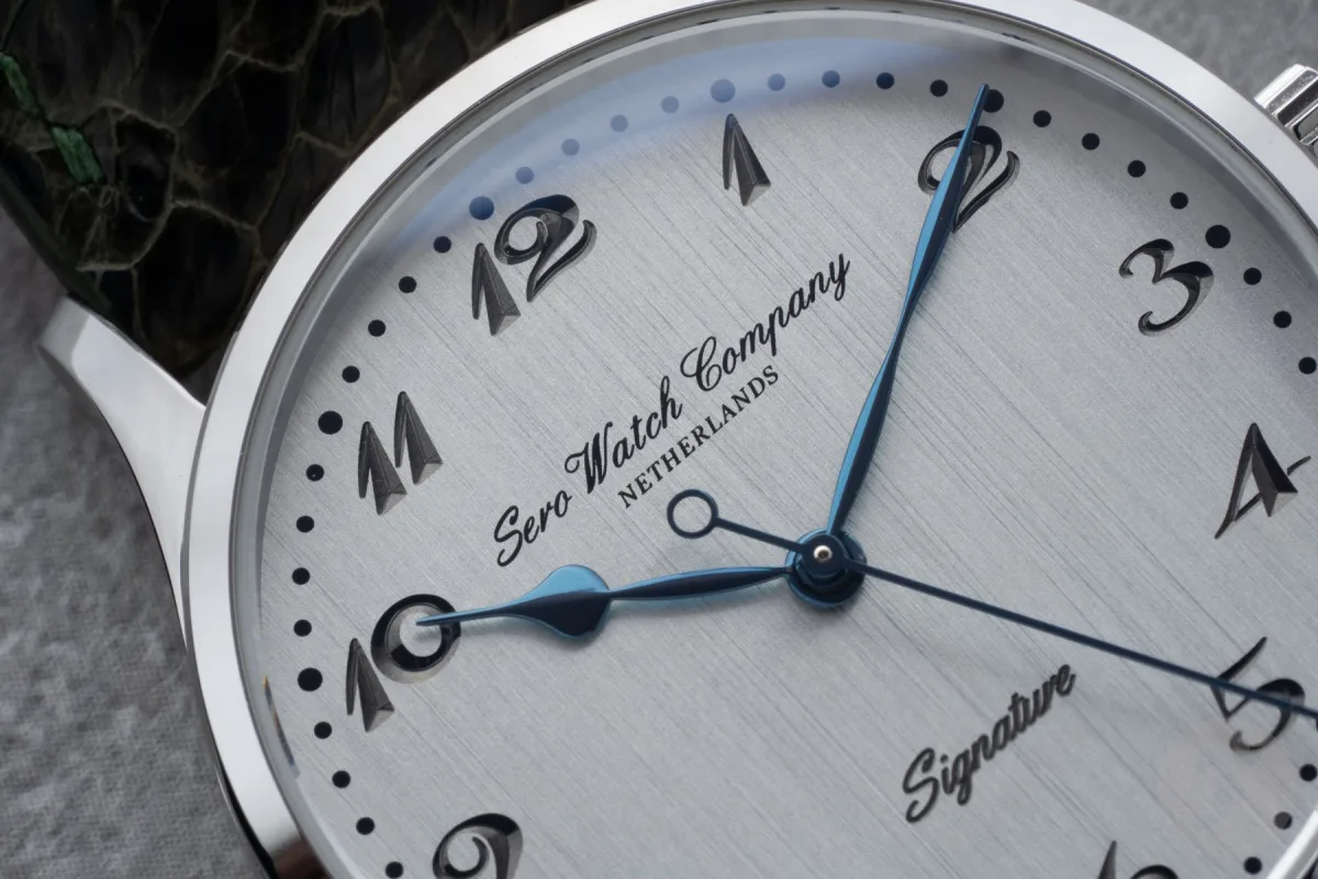 Close-up of Sero Silver Signature watch showing detailed dial texture