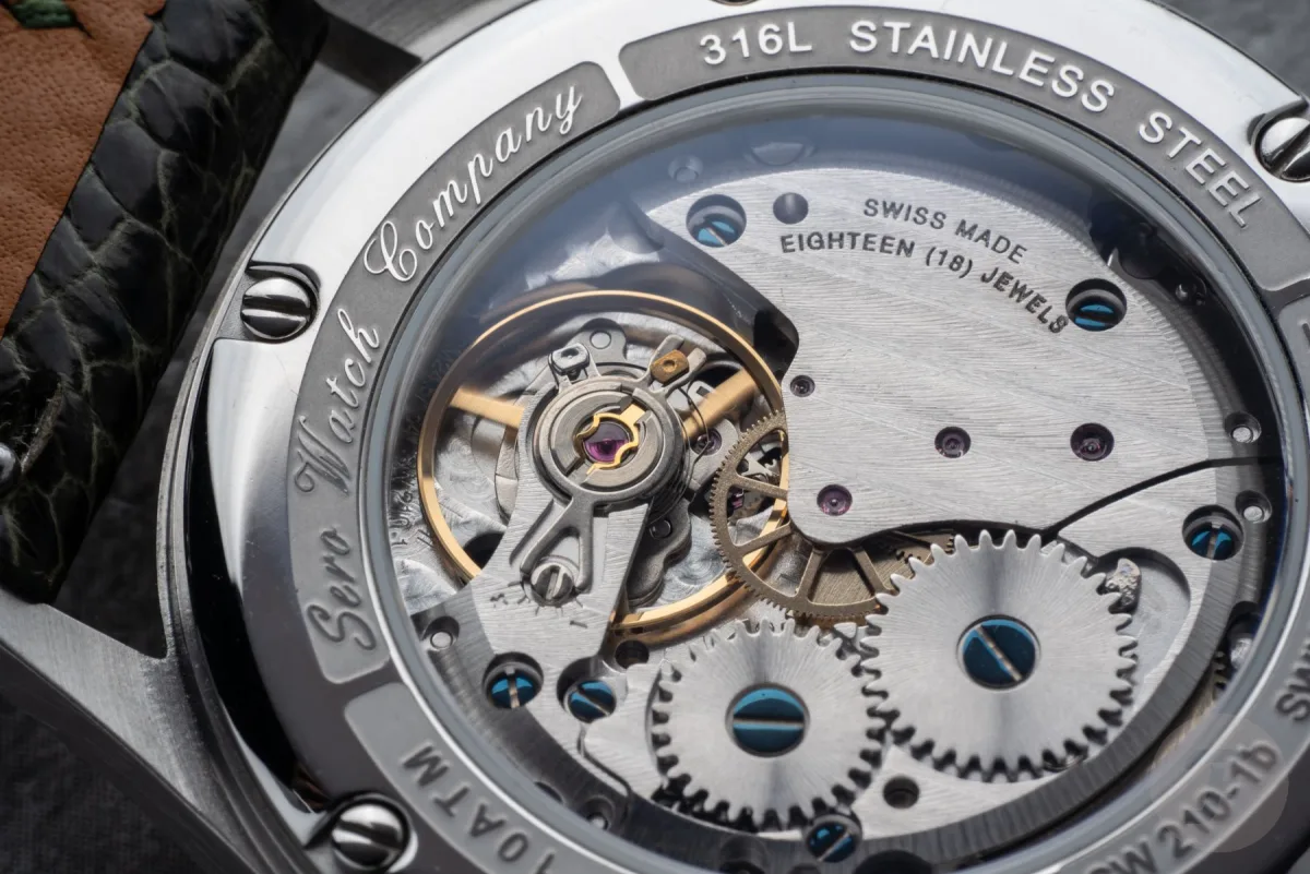 Back view of Sero Silver Signature watch showing movement details