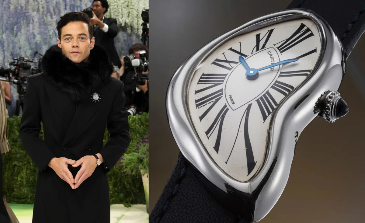 Rami Malek wearing Cartier Crash 1992 watch
