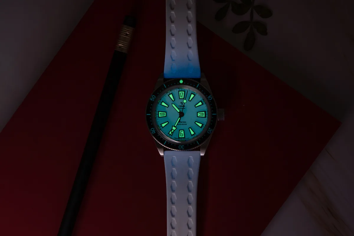 Close-up of Yema Skin Diver Slim Full Lume dial details