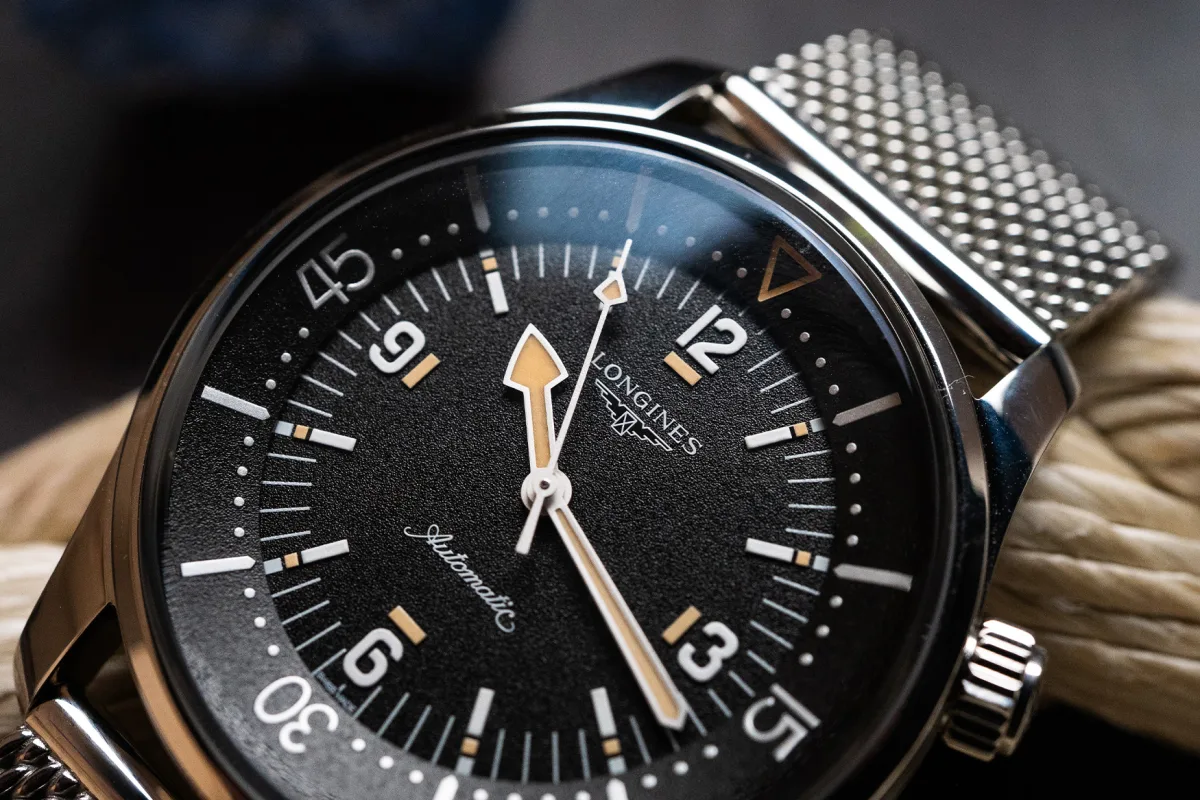 Close-up of Longines Legend Diver 59 dial with internal bezel