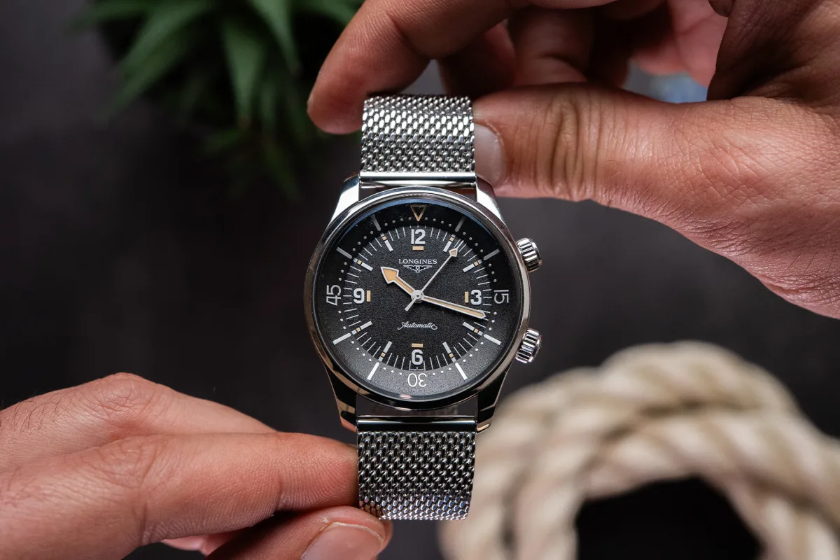 Detail of Longines Legend Diver 59 showing Super-LumiNova markings