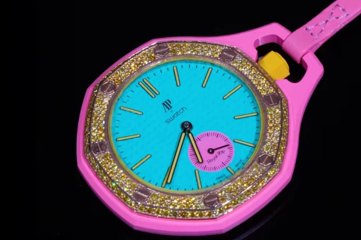 Custom Audemars Piguet x Swatch "Royal Pop" with diamond bezel