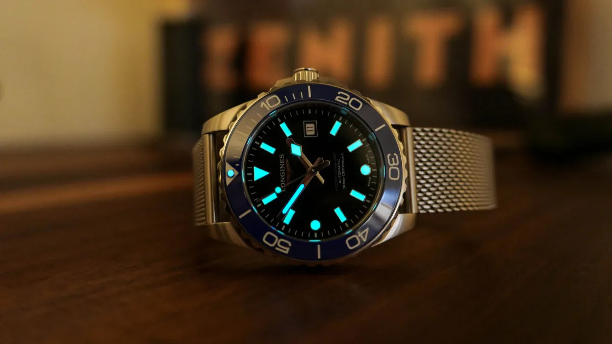 Close-up of the Longines Hydroconquest showing refined design elements