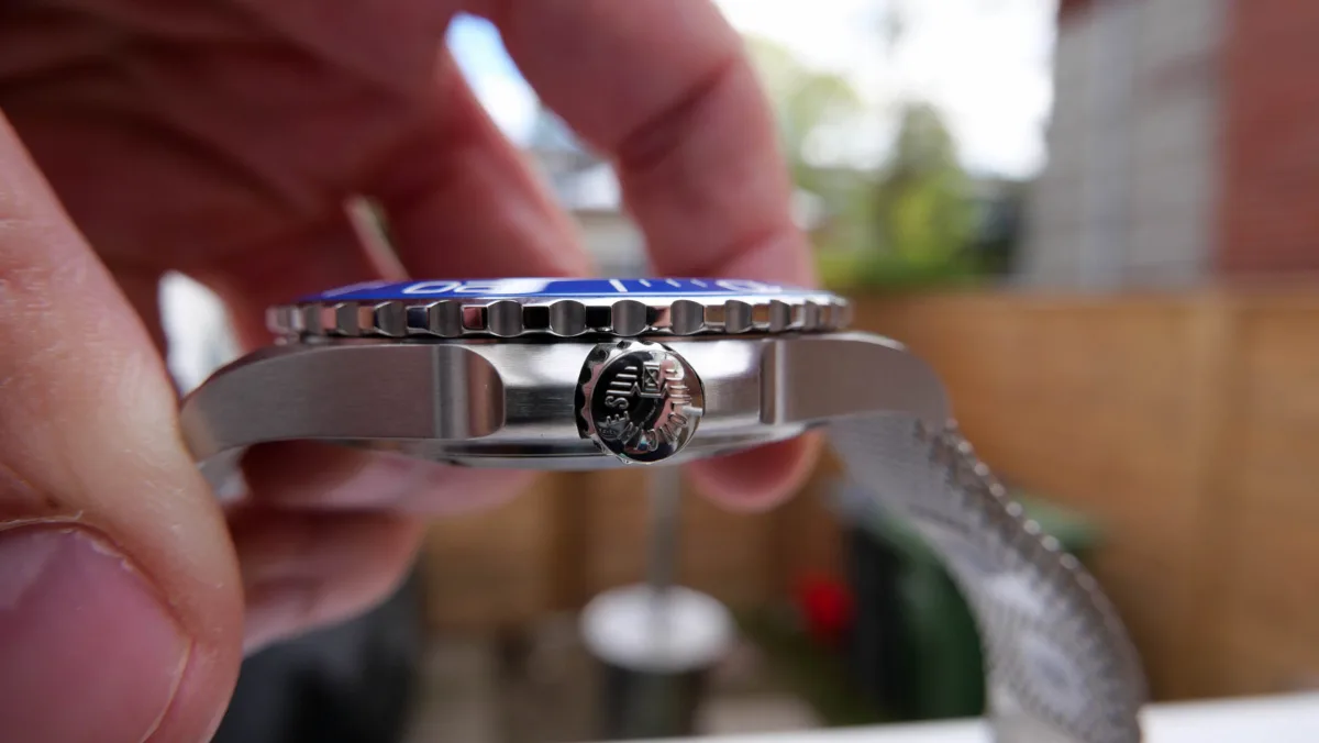 Side view of Longines Hydroconquest highlighting the bezel and crown guards