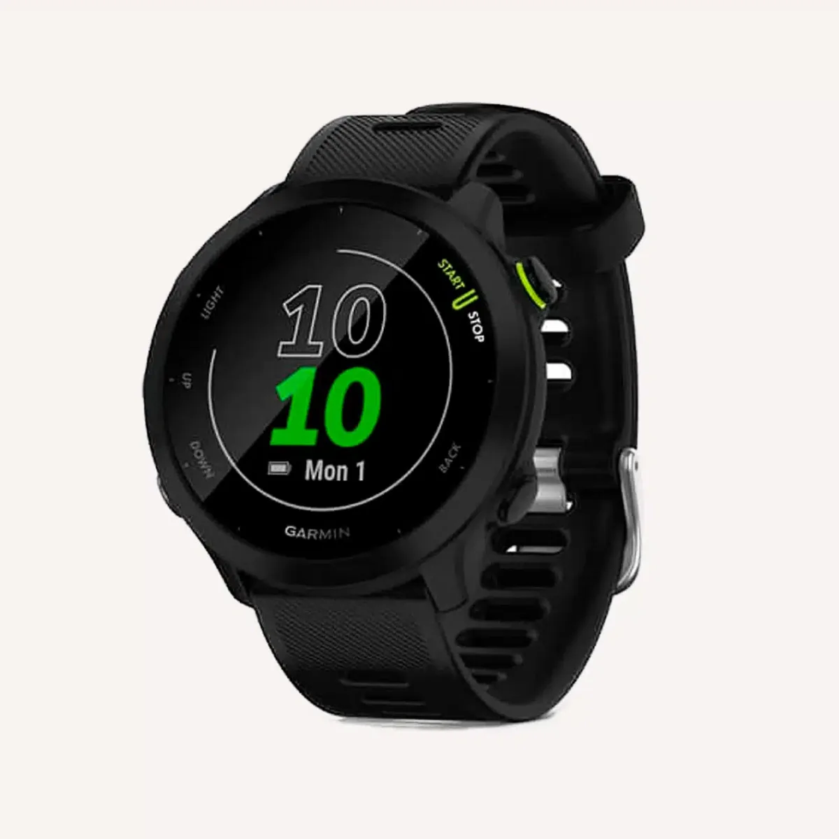 Garmin Forerunner 55 with a running app on display.