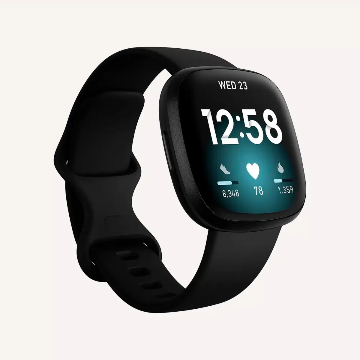 Fitbit Versa 3 showing vibrant AMOLED display.