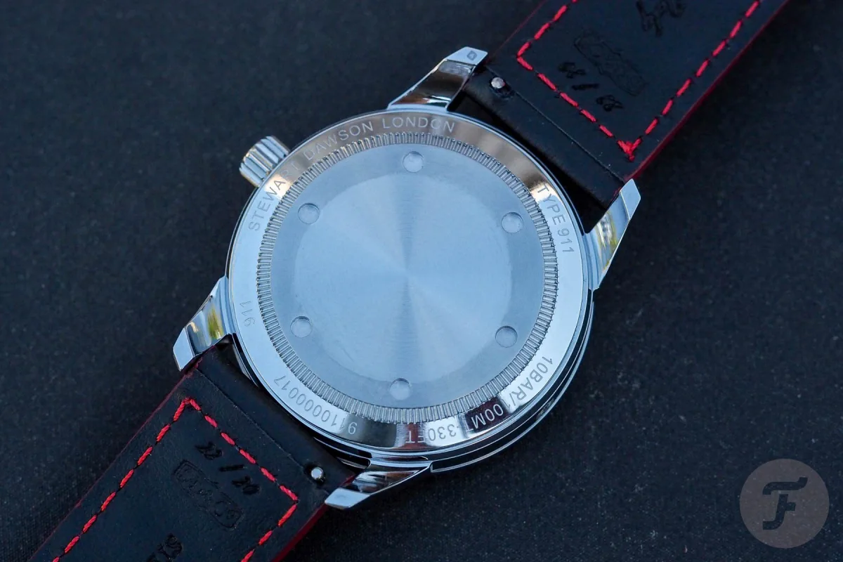 Black leather strap with red stitching on SD 911 Black