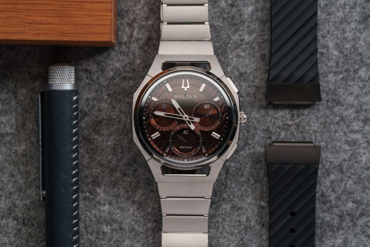 Close-up of Bulova Curv 10th Anniversary hands and markers