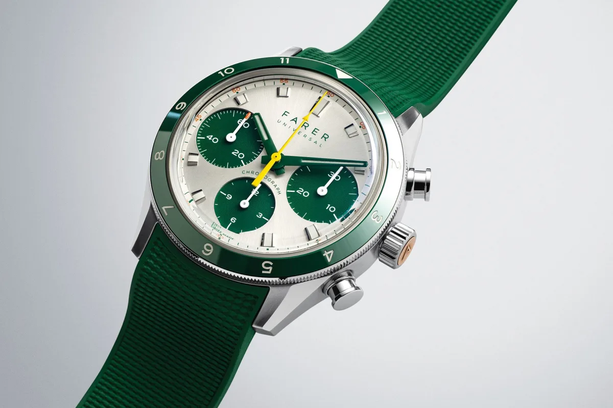 Case details of Farer Racing Chronographs showing the crown and pushers