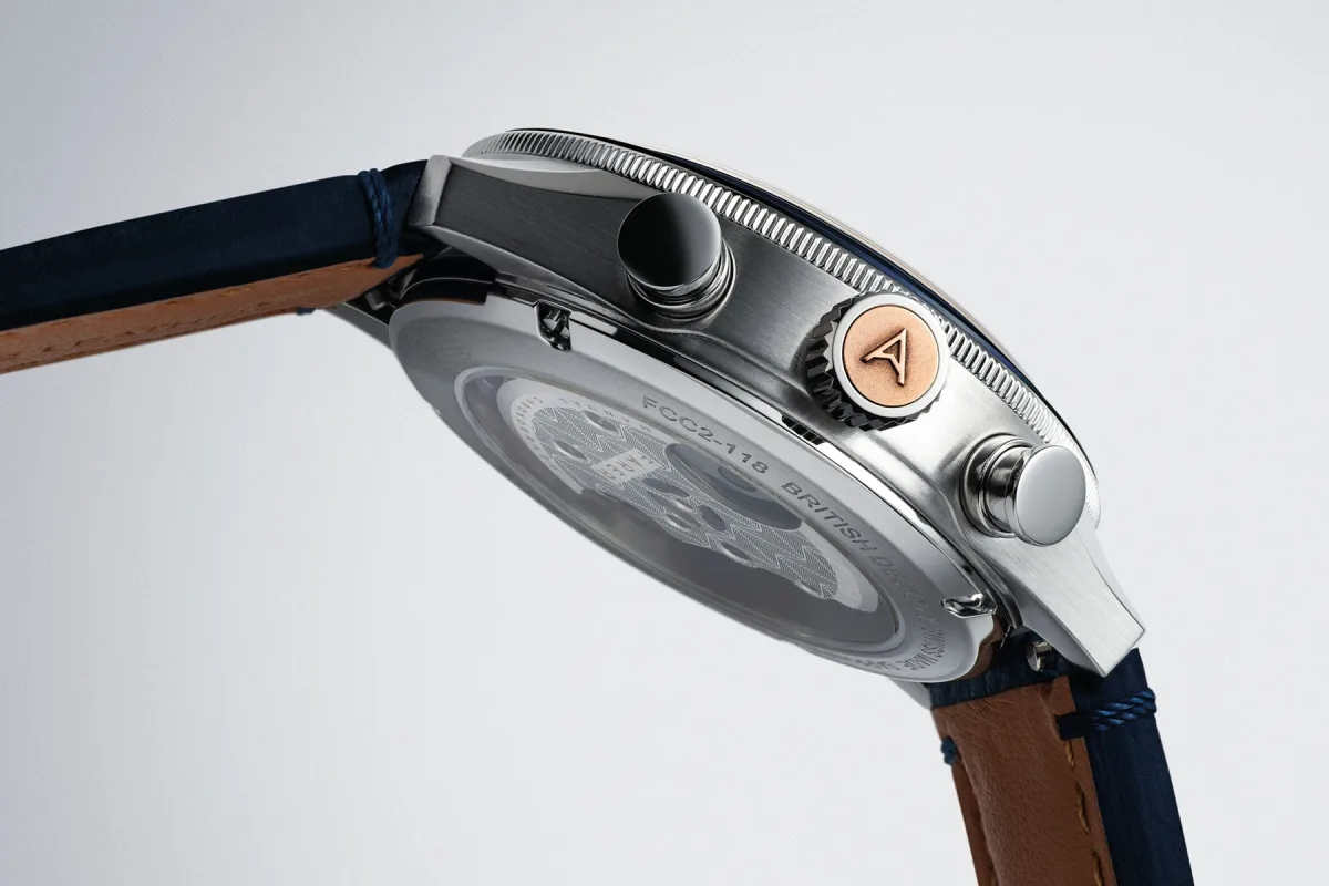 Back view of the Farer Racing Chronographs revealing the movement