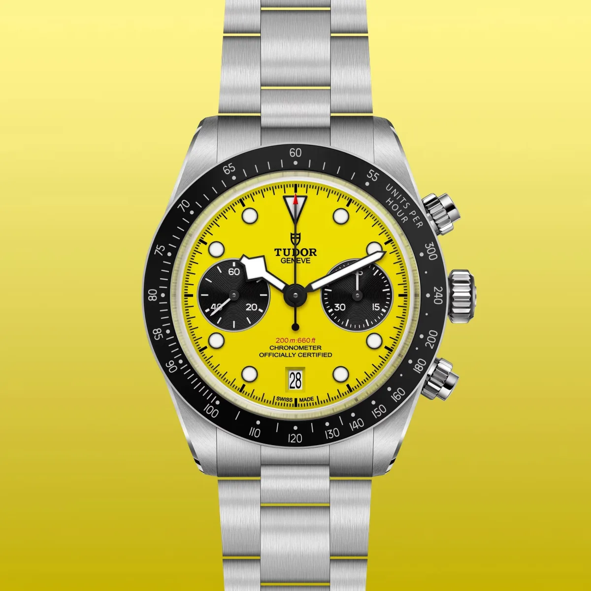 Close-up of Tudor Black Bay Chrono 39's bezel and pushers