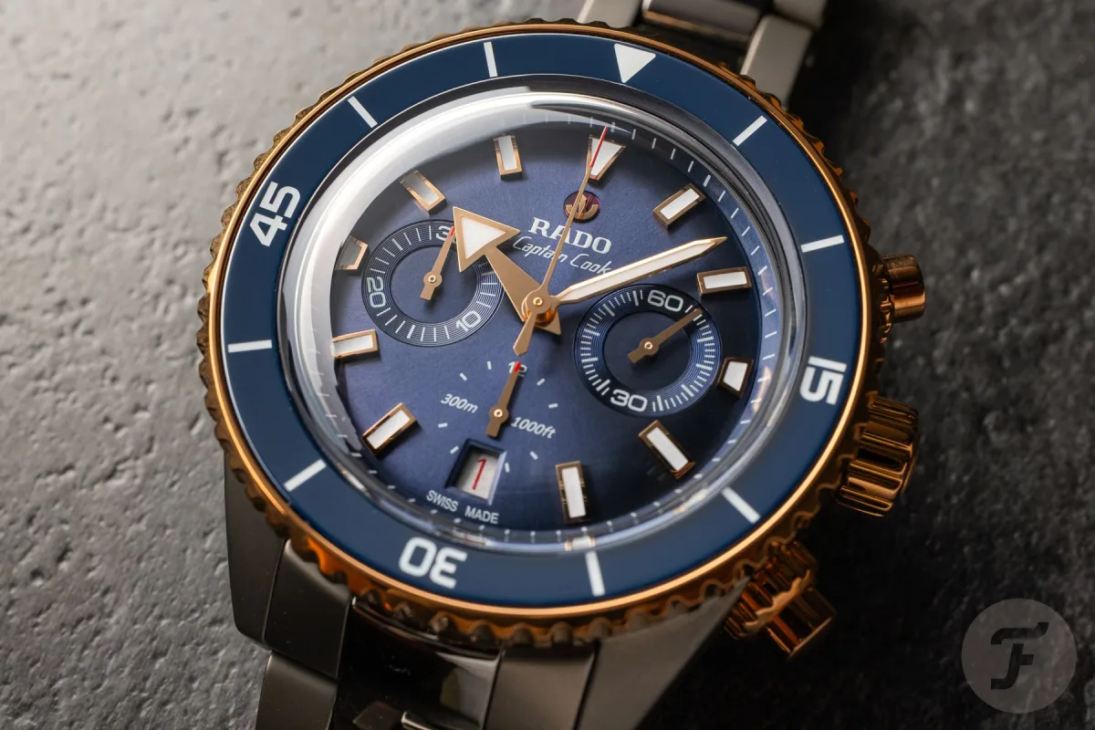 Close-up of the blue dial with sub-dials and date window