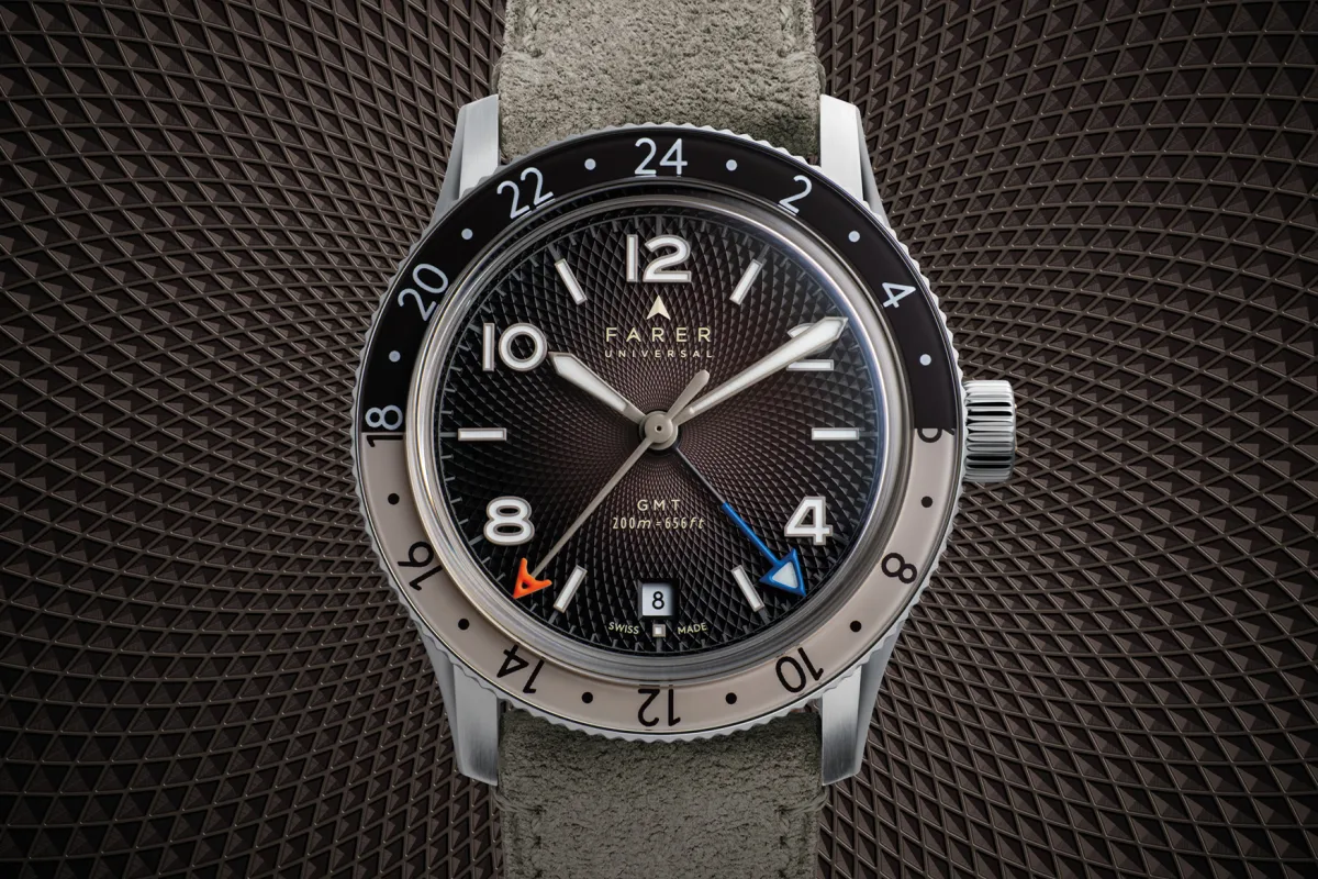 Farer GMT Bezel dial design with guilloche pattern